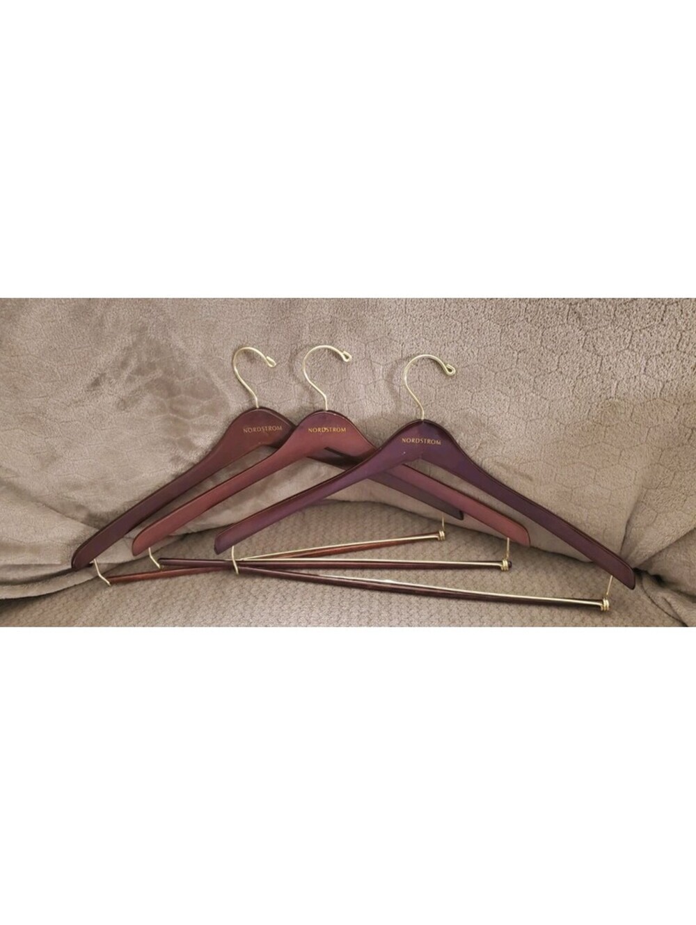 VTG Nordstrom Wooden Suit Hangers (3) Mahogany Finish Gold Hardware Pant Bar